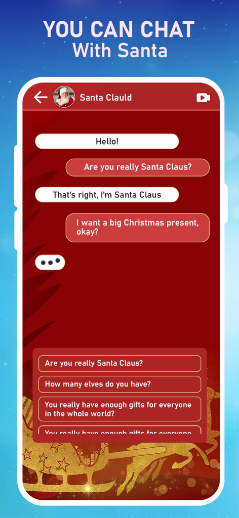 Prank Call - Santa Coming - Screenshot showing a simulated chat conversation with Santa Claus in the app