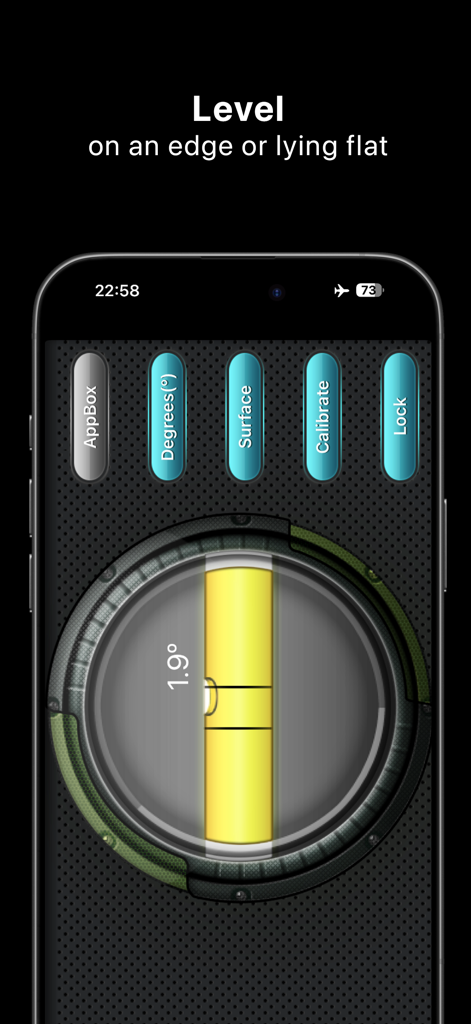 AppBox: Useful 16 Apps in One - Interfaz de la herramienta de nivel digital de AppBox que muestra la medición de grados y la calibración de superficies