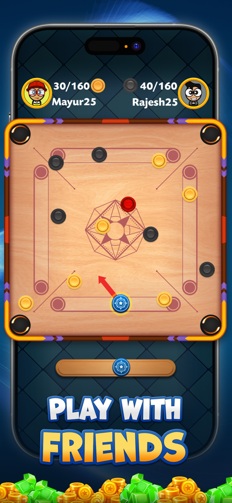 Carrom Royale - Interfaz del juego móvil Carrom Royale que muestra una partida 1v1 y la función de jugar con amigos
