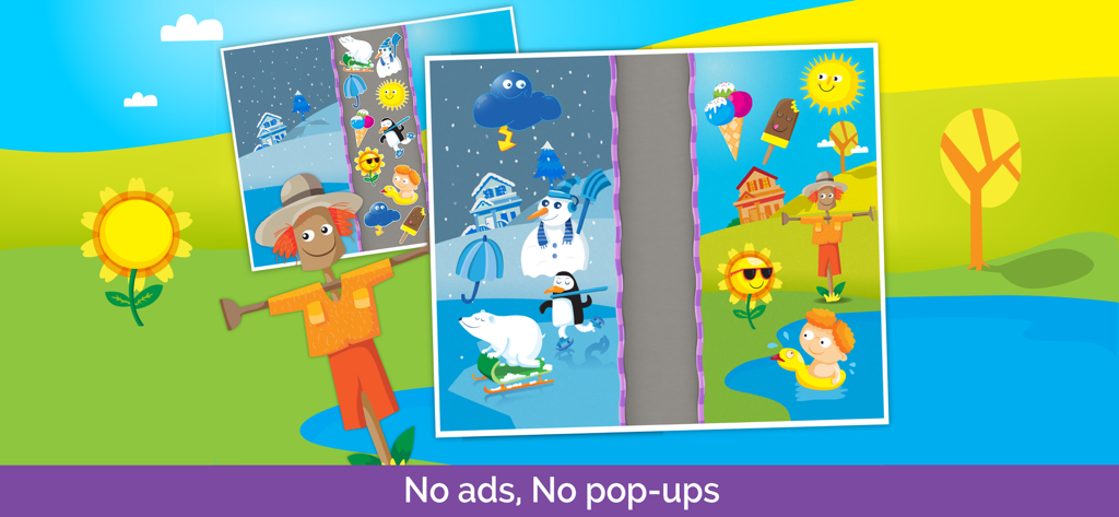 Matching games: toddlers, kids - Bildschirm für Vorschulspiele zur Sortierung von Winter- und Sommergegenständen nach Jahreszeiten