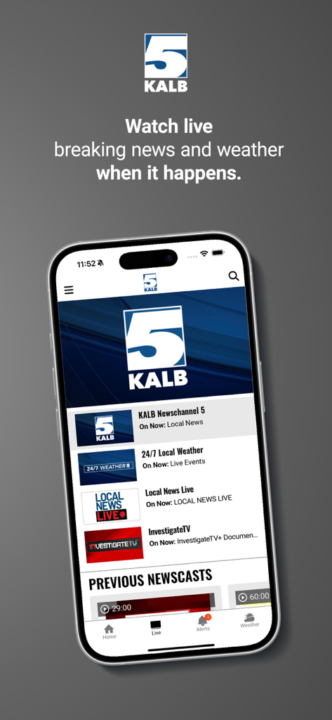Interfaz de la aplicación móvil KALB-TV Canal 5 mostrando opciones para noticias y actualizaciones meteorológicas locales en vivo