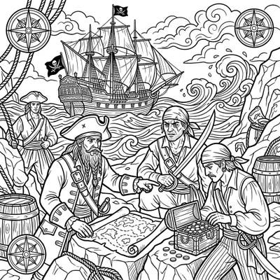 Dive into a swashbuckling world of high seas and hidden gold with this captivating pirate treasure map coloring page designed specifically for teens. Unleash your creativity as you bring to life a scene of daring buccaneers on a thrilling quest for untold riches.