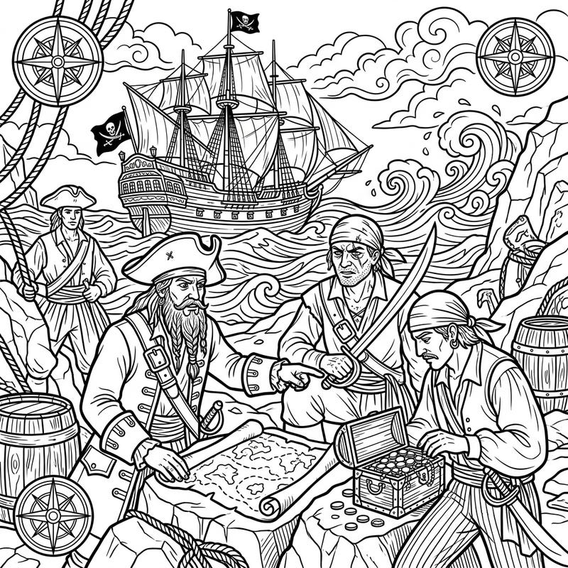 Dive into a swashbuckling world of high seas and hidden gold with this captivating pirate treasure map coloring page designed specifically for teens. Unleash your creativity as you bring to life a scene of daring buccaneers on a thrilling quest for untold riches.