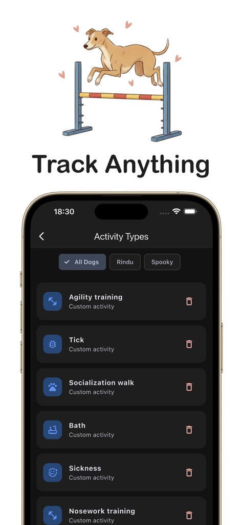 Dog Daily app interface showing a list of customizable pet activities including agility training and socialization walks