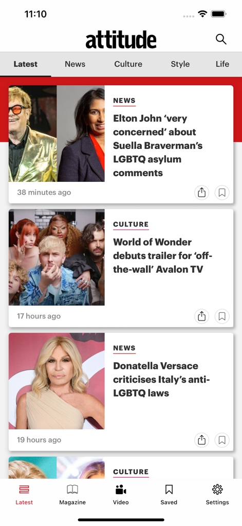 Attitude Magazine. - Screenshot of the Attitude Magazine app showing the latest LGBTQ+ news and culture articles.