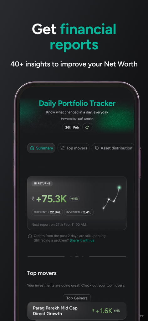 Fi Money app interface showing daily portfolio tracker with investment returns and financial reports