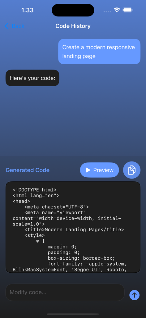 AI Website Builder - テキストプロンプトに基づいたレスポンシブなランディングページ用のAI生成HTMLおよびCSSコードを表示するモバイルインターフェース。