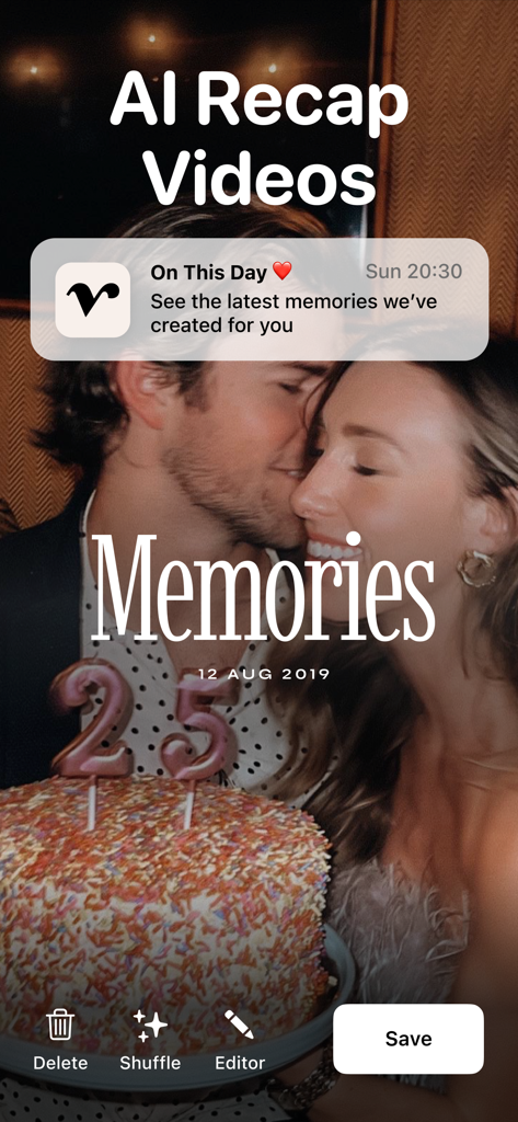 Vixer: AI Video Editor & Maker - Vixer mobile app screen showing an AI generated video recap of a birthday celebration