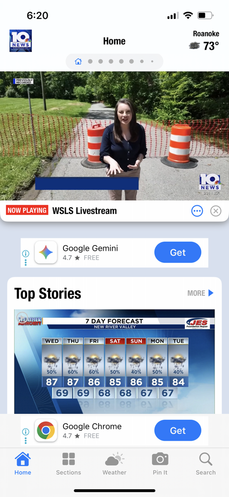 WSLS 10 News - Roanoke - WSLS 10 News app home screen showing a live news broadcast and local weather forecast