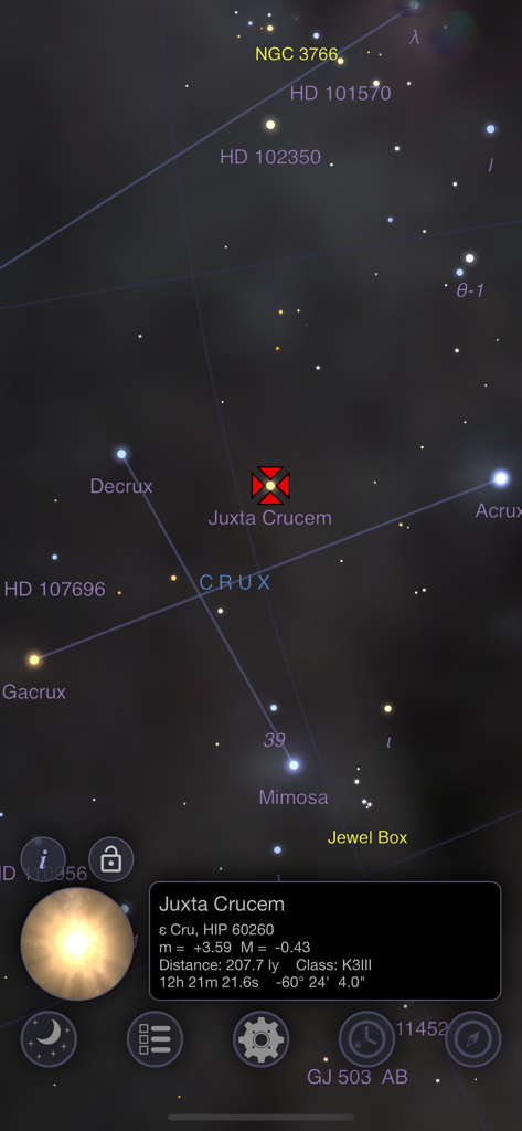 StarMap 3D - StarMap 3Dアプリのスクリーンショット。みなみじゅうじ座にある星Juxta Crucemの詳細な天文学的データを示しています。