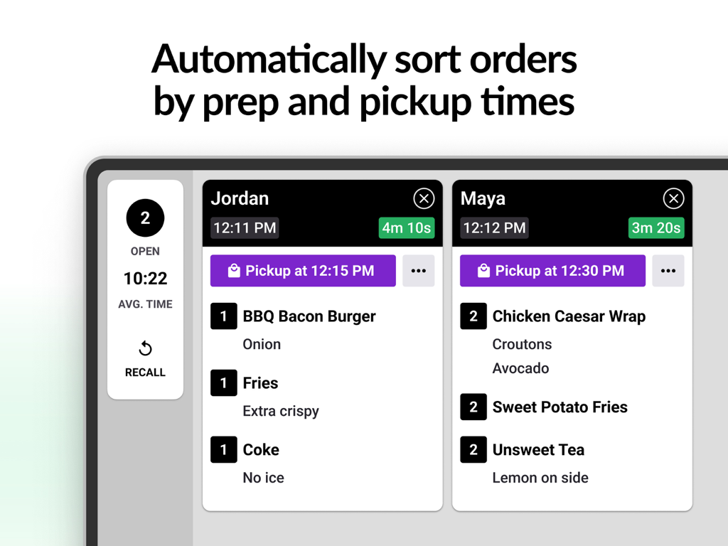 Fresh KDS | #1 Kitchen Display - Digital kitchen display system showing restaurant orders sorted by prep and pickup times