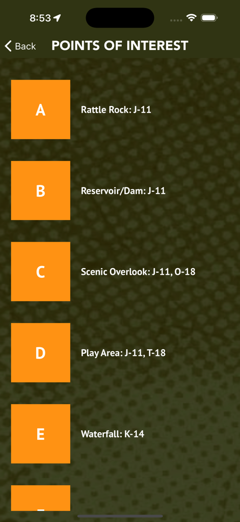 A list of points of interest in the Windrock Park app showing locations like waterfalls and scenic overlooks with trail coordinates.