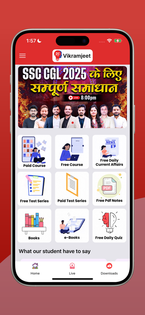 RG Vikramjeet app home screen showing various exam preparation courses and study materials