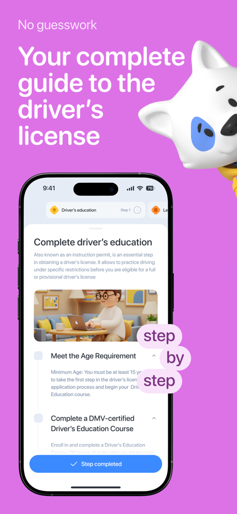 DMV Practice Test & Drivers Ed - A step by step guide to obtaining a driver's license shown on a mobile phone screen with a purple background.