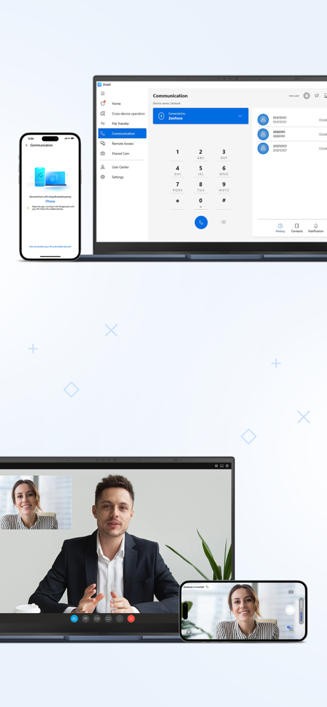 Interface de GlideX montrant les appels téléphoniques mains libres sur un ordinateur portable et un iPhone utilisé comme webcam haute définition.