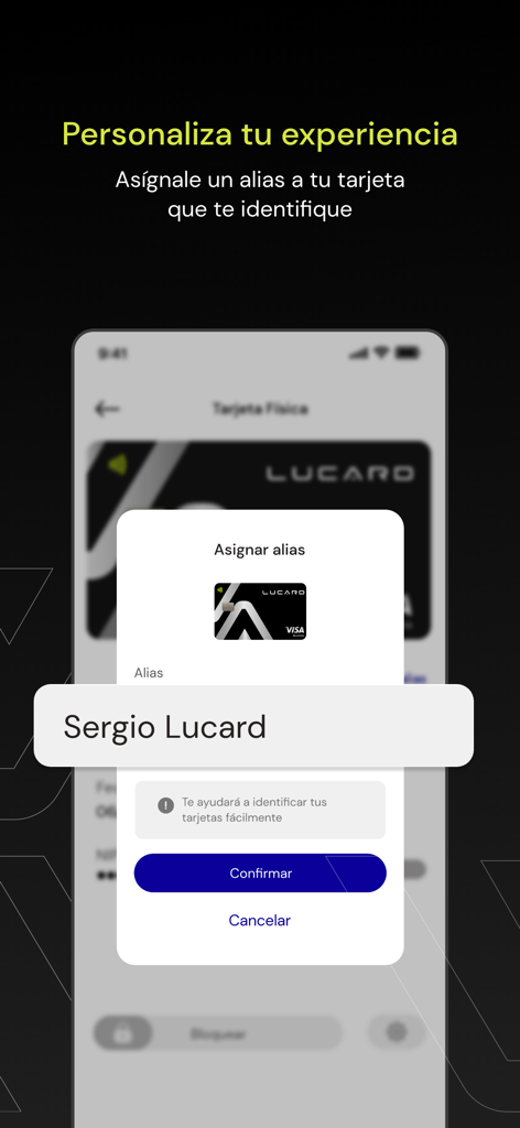 Lucard MX - Lucard MX mobile app interface for assigning a custom name alias to a physical card