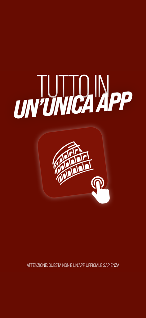 Studenti Roma - Schermata di avvio dell'app Studenti Roma con l'icona del Colosseo e testo in italiano che traduce 'Tutto in un'unica app'.