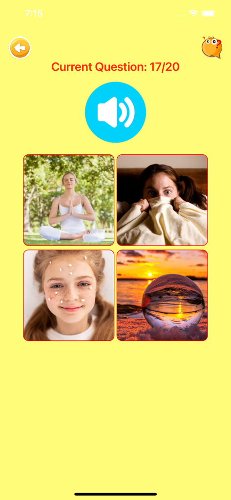 Una pantalla de cuestionario de aprendizaje de holandés que presenta cuatro imágenes y un ícono de altavoz para la práctica de audio