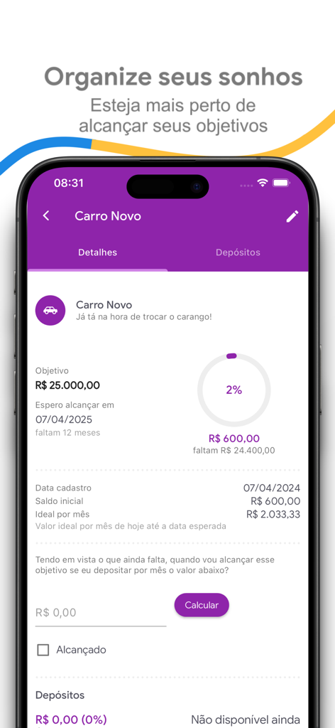 Interfaz de la aplicación Minhas Finanças que rastrea un objetivo de ahorro para un coche nuevo con un gráfico de progreso