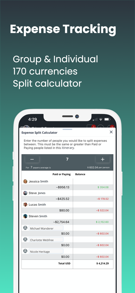 Lyfshort app interface showing group expense tracking and bill split calculator
