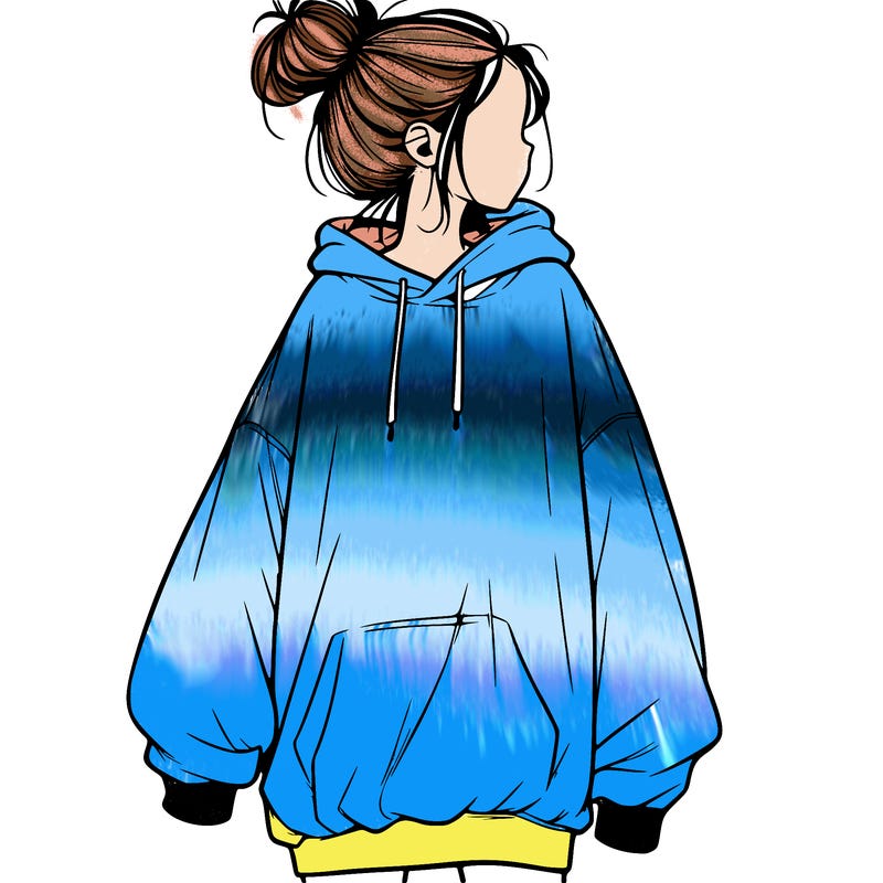realistic girl with a oversized sweatshirt on and a bun