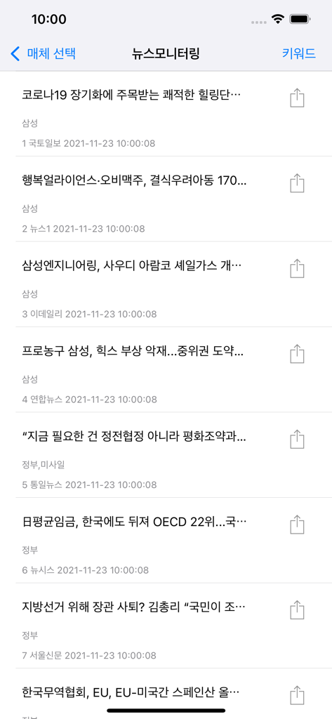 Pantalla de monitoreo de noticias en la aplicación Scrap Master Mobile mostrando una lista de artículos recientes de periódicos coreanos