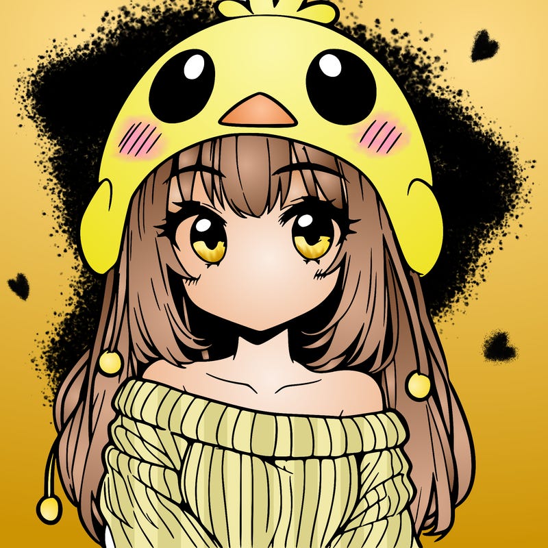 anime girl with chick shaped hat with sweater with bare shoulders with bangs covering them one eye with low tail