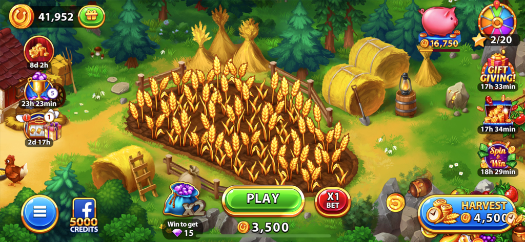 Gameplay screen of Solitaire Golden Prairies showing a farm with golden wheat fields and a harvest button