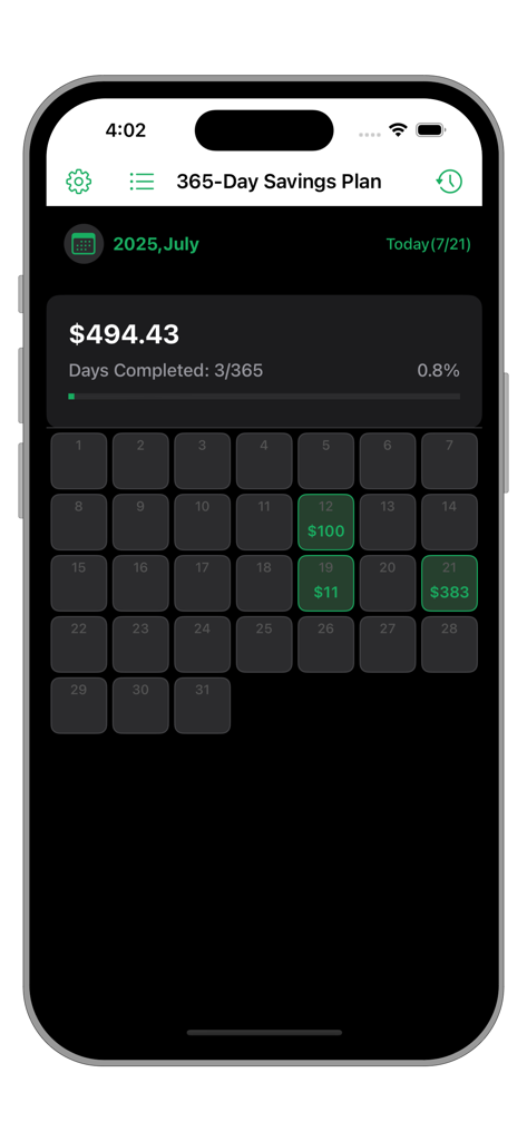 Savings tracker app screen with a 365 day progress bar and monthly calendar grid