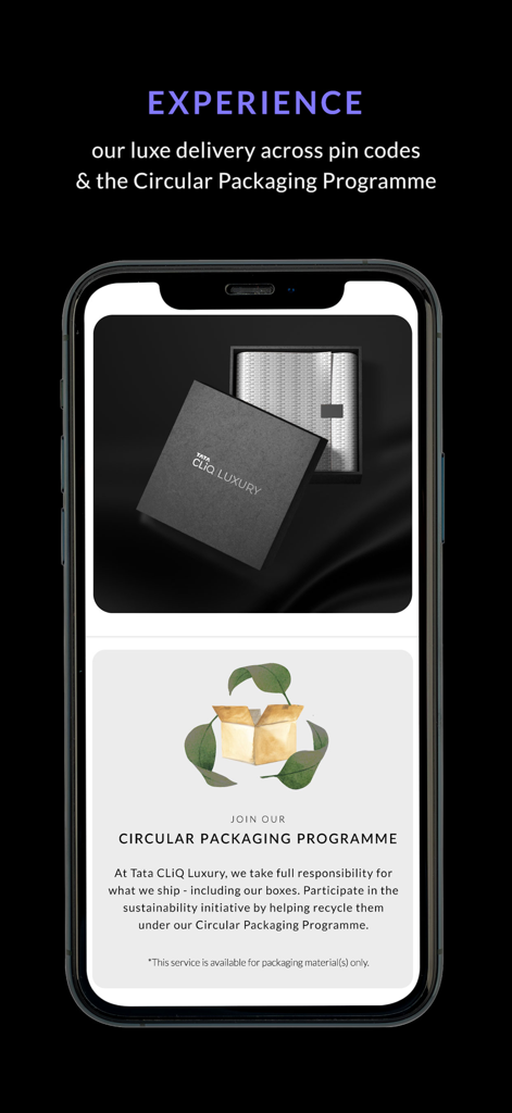 Tata CLiQ Luxury Shopping App - Pantalla de la aplicación Tata CLiQ Luxury que destaca el embalaje de entrega distintivo y el programa de reciclaje circular.