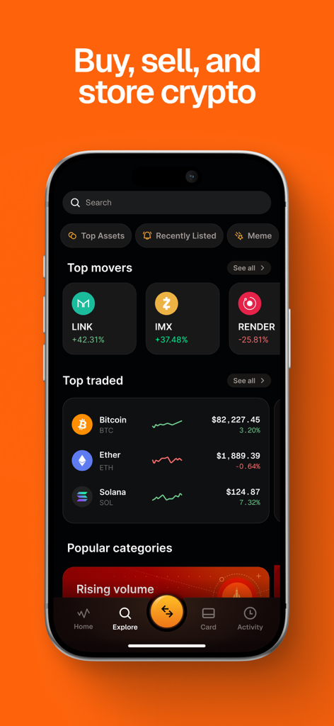 Gemini Exchange & Credit Card - Mobile interface of the Gemini app showing top traded cryptocurrencies and market movers.