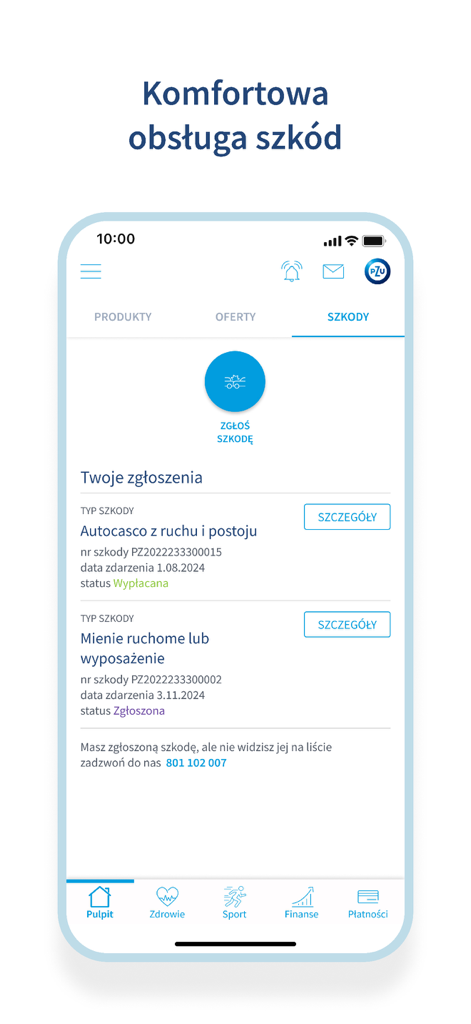 Interface of the mojePZU mobile app showing a list of reported insurance claims and a button to report a new one