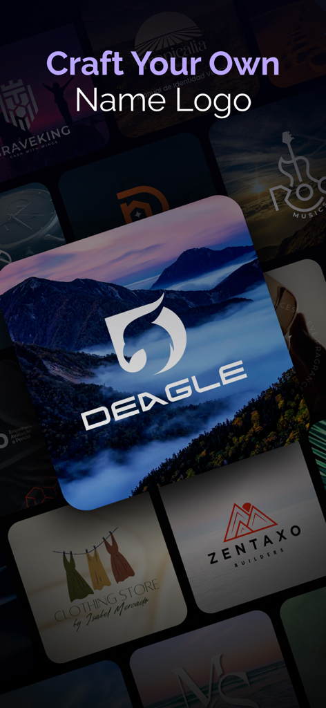 AI Logo Maker: Graphic Designs - AI Logo Maker app screen displaying various logo designs like a bird head for a brand called Deagle and dresses for a clothing store.