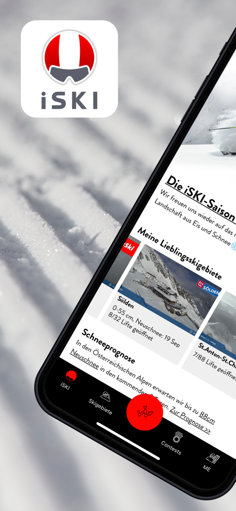iSKI Austria - Ski & Snow - iSKI Austria Mobile App-Oberfläche mit Schneevorhersagen und bevorzugten österreichischen Skigebieten.