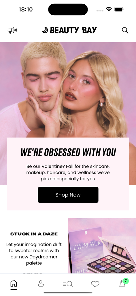 BEAUTY BAY app home screen showing a Valentine's Day promotion and the Daydreamer eyeshadow palette.