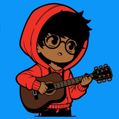 boy with brown hair hoodie and glasses playing guitar