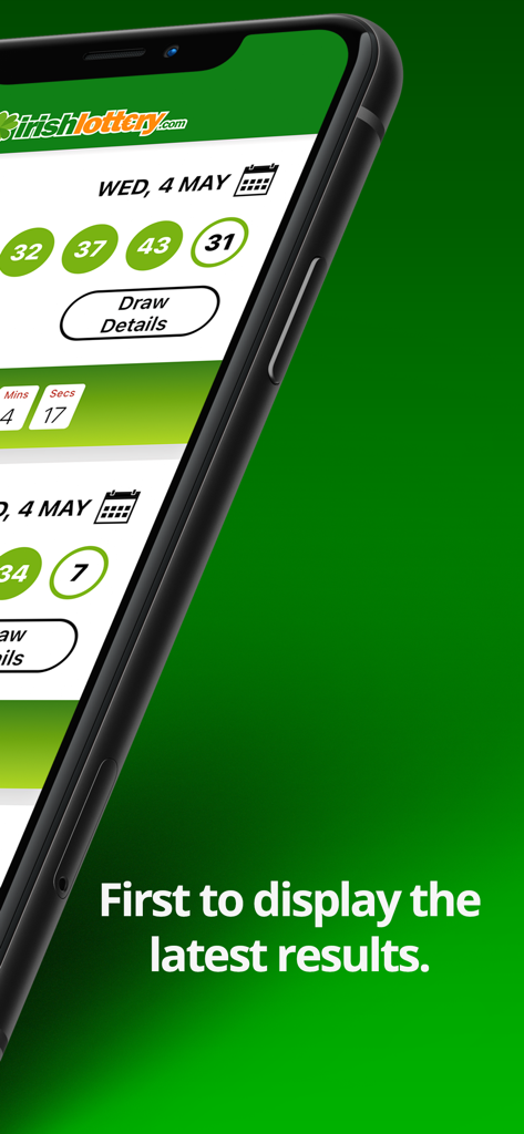 Un smartphone mostrando la interfaz de la aplicación Irish Lottery con números ganadores y el texto "First to display the latest results."