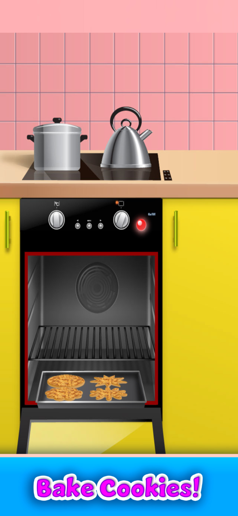 Cookie Maker & Cooking Games - Cookies on a baking tray inside a cartoon oven in a colorful kitchen