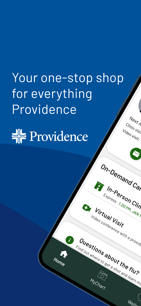 Écran d'accueil de l'application Providence affichant les services médicaux et les options de soins virtuels à la demande