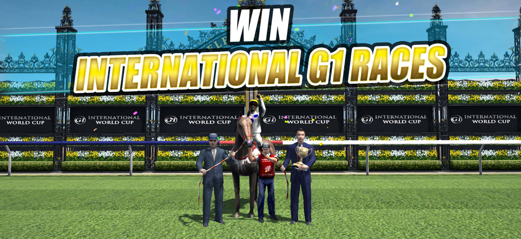 iHorse™ Arcade Horse Racing - Victory ceremony in iHorse Arcade Horse Racing showing a winning horse and team with a trophy after an International G1 Race