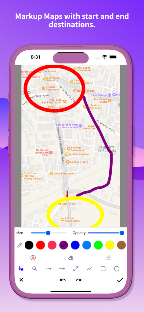 Snap Markup app showing map annotation with start and end destinations highlighted by circles and a path.