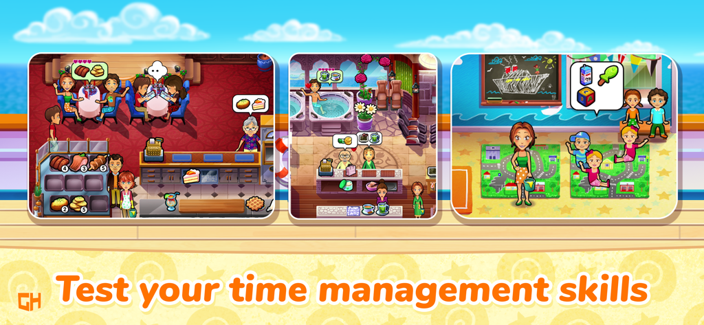 Delicious - Honeymoon Cruise - Multiple scenes showing time management gameplay in Delicious Honeymoon Cruise