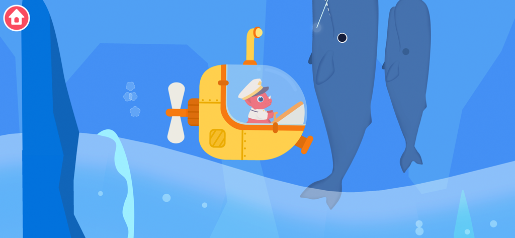 A pink dinosaur in a yellow submarine exploring the ocean next to two large blue whales