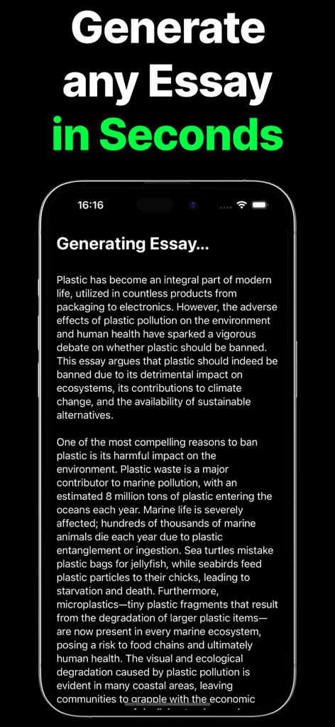 Essay Writer AI Generate Text - The Esai mobile app interface displaying a generated essay about plastic pollution on a smartphone screen.