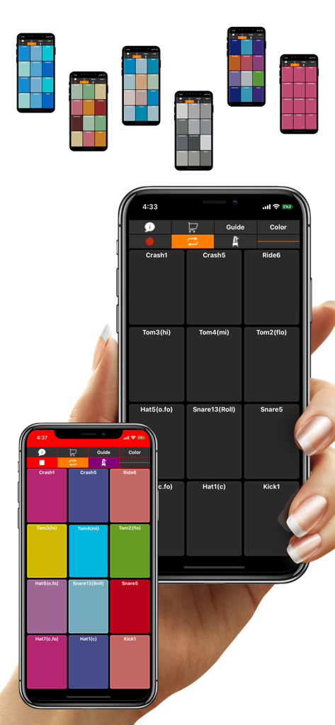 Drum PAD + - Real Finger Drums - Several iPhones displaying different colored drum pad interfaces and sound labels for music production