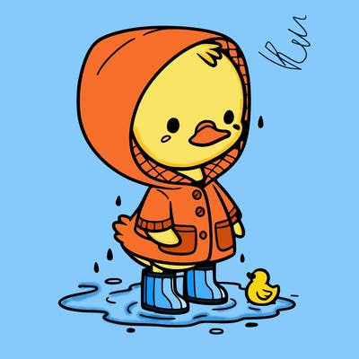 baby duck in a rain coat and boots, in a puddle while it’s raining