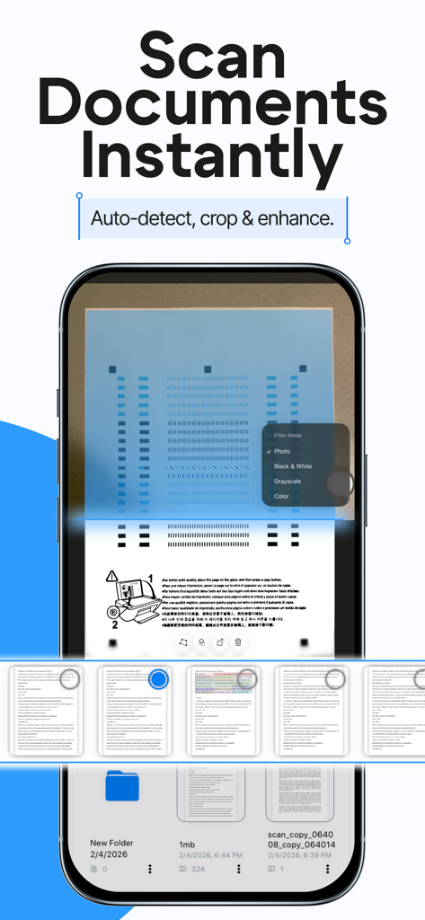 PDF Editor & Scanner: DocKit - A smartphone showing the DocKit app scanning a document with auto-detect and filter options.