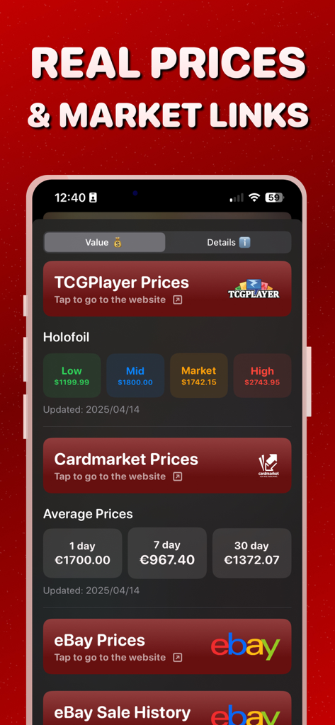 TCGScan: Card Value Scanner - Pantalla de la aplicación móvil mostrando precios de mercado de cartas de TCGPlayer, Cardmarket y eBay