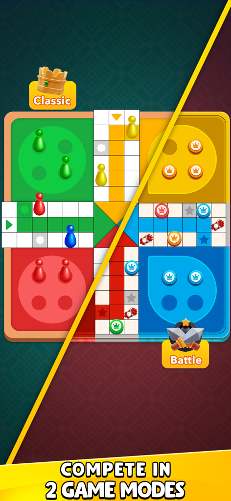 Ludo Blitz: Fun Dice Game - A screenshot of Ludo Blitz comparing the Classic and Battle game modes on a colorful board.