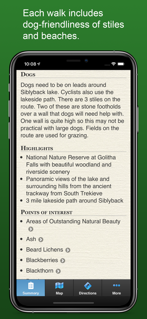 A mobile screen showing dog accessibility information and trail highlights for a walk in Cornwall.